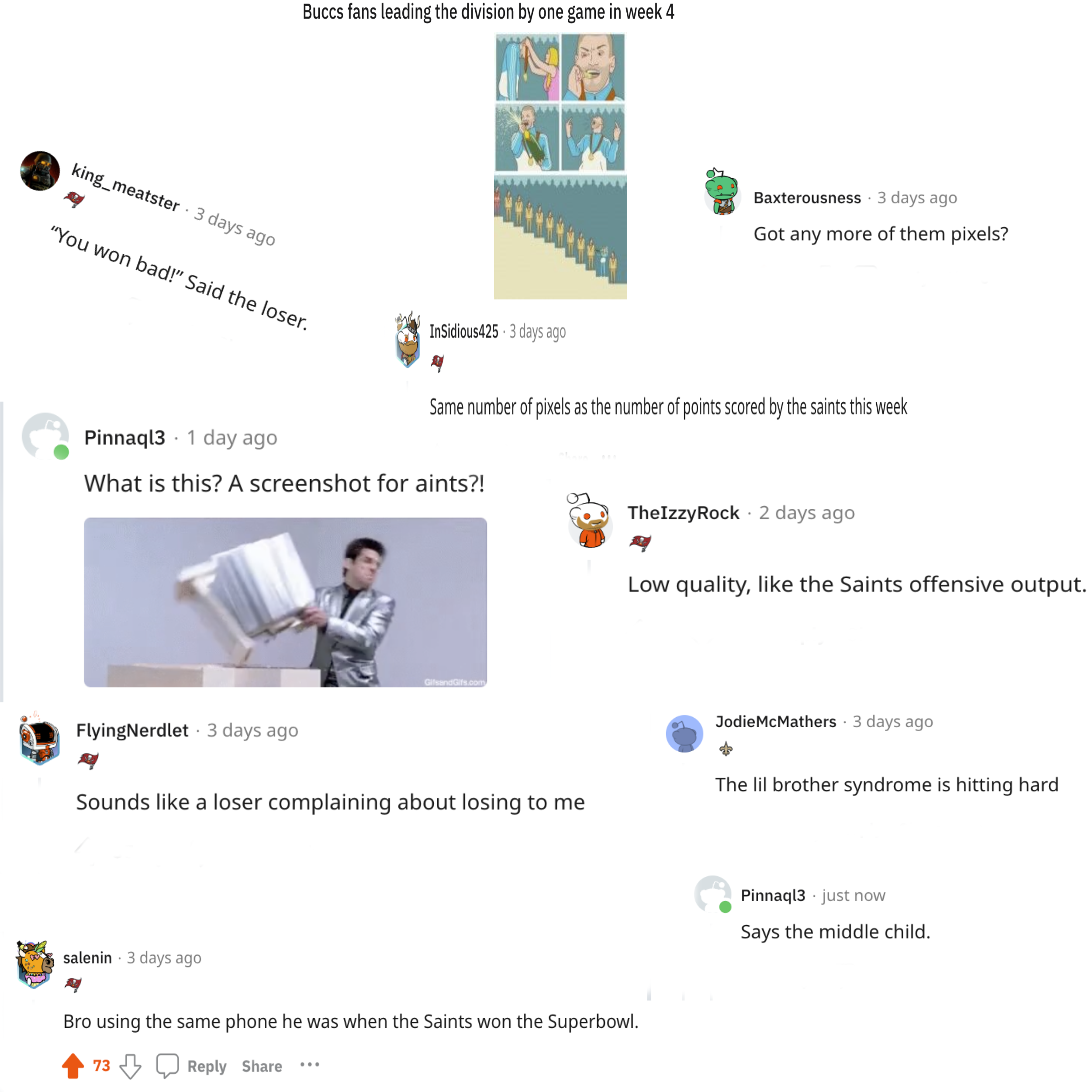 Some sAints fan decided to post a small insult via Reddit’s NFCSouth MemeWar . He/She did so with a screen shot from 2005 Motorola RAZR. Didn’t go well.